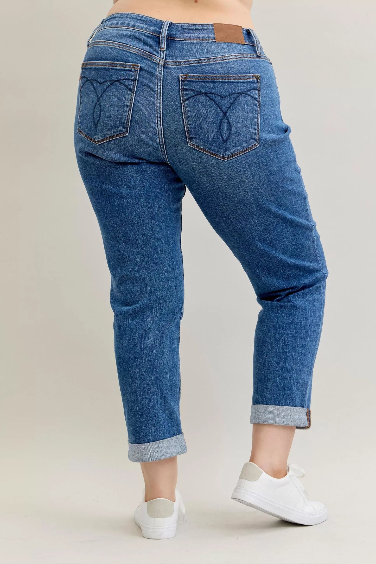 Judy Blue Full Size Mid Rise BF Classic Cuffed Jeans Plus Size Garden Naked Curves