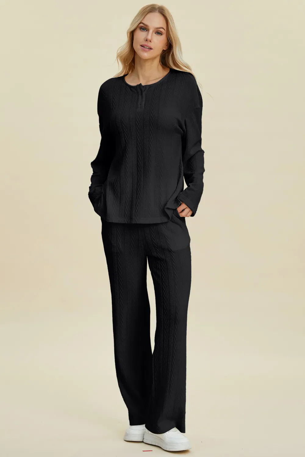 Double Take Full Size Cable-Knit Long Sleeve Top and Pants Set West2East Surf