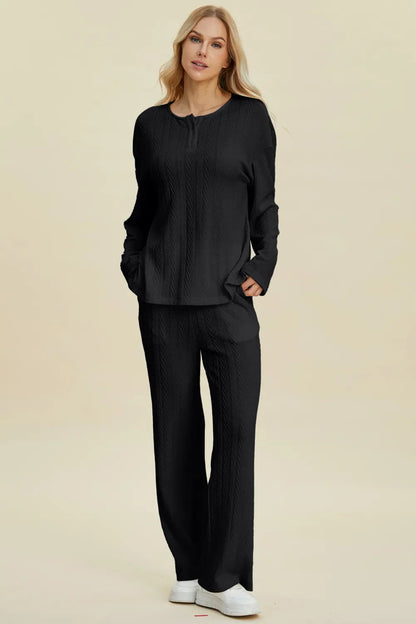 Double Take Full Size Cable-Knit Long Sleeve Top and Pants Set West2East Surf