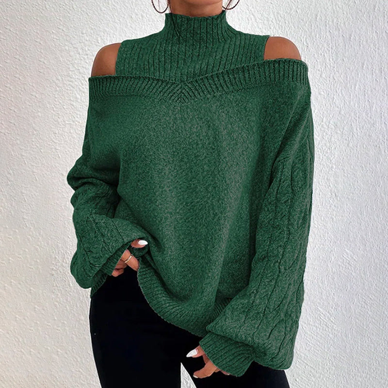 Women's Cold Shoulder Sweater - High Neck Cut Out Pullover Long Sleeve FitiqueFit