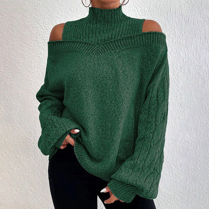 Women's Cold Shoulder Sweater - High Neck Cut Out Pullover Long Sleeve FitiqueFit
