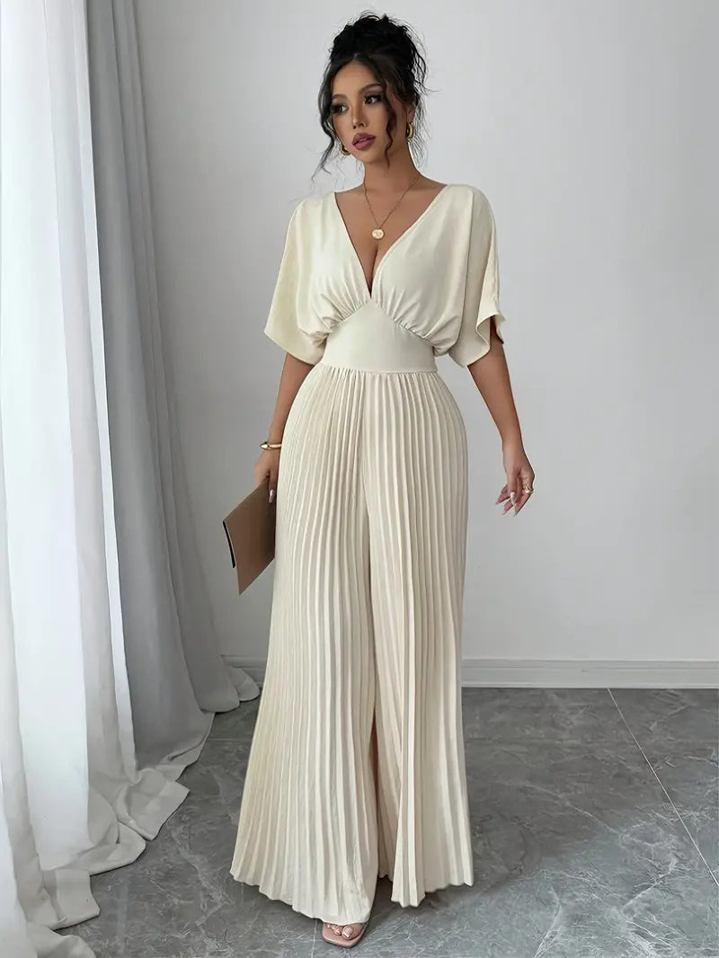 pleated jumpsuit shirt sleeve v-neck Grayceful LLC