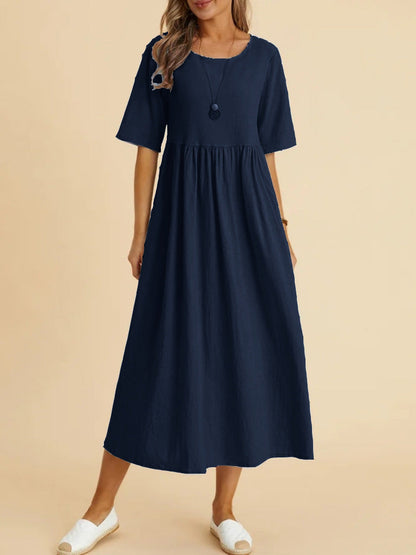 Plus Size Cotton Linen Midi Dress | Round Neck Pocket Dress FitiqueFit
