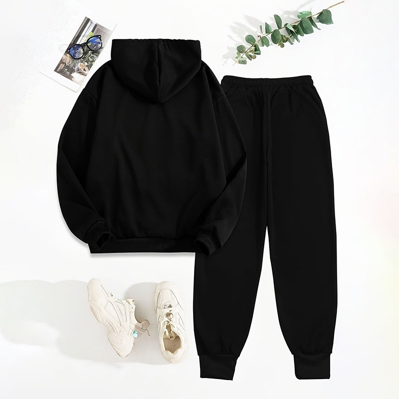 Women's Solid 2-Piece Set Letter Print Hoodie With Pocket FitiqueFit