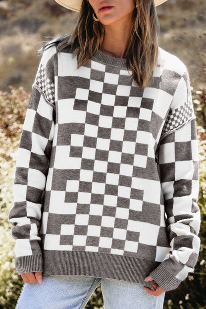 Checker Round Neck Drop Shoulder Sweater Shop Style & More | Fresh Looks, Everyday Deals & Free Shipping