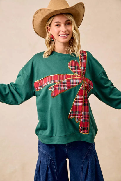 BiBi Plaid Ribbon Bow Detail Christmas Fleece Pullover FitiqueFit