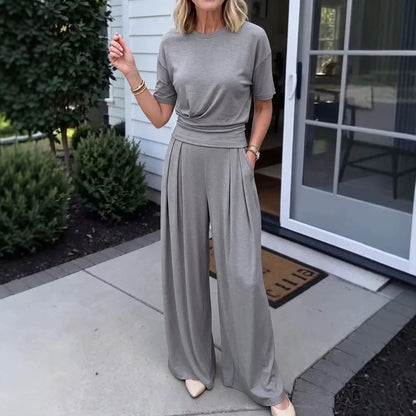 Women's Loose Crew-Neck T-Shirt & Wide-Leg Pants Two-Piece Set FitiqueFit