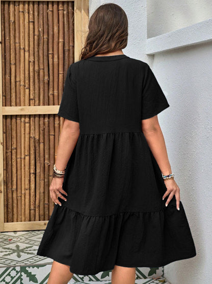 Plus-Size Button-Front V‑Neck Midi Dress FitiqueFit
