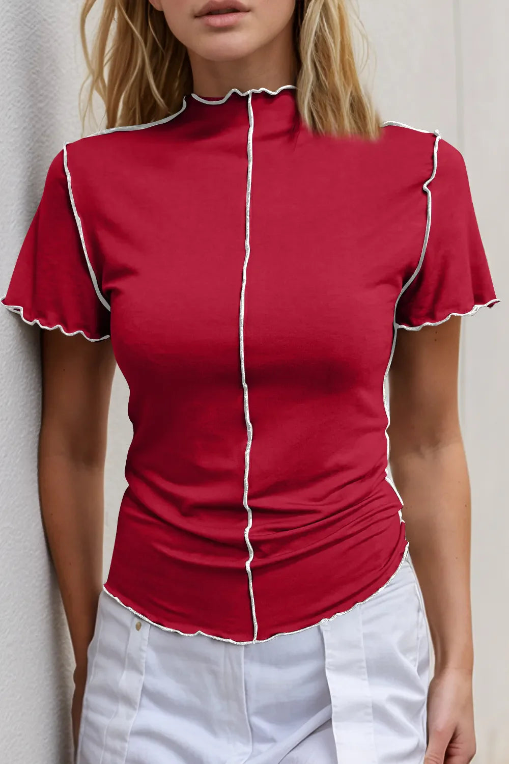 Basic Bae Contrast Trim Mock Neck Short Sleeve T-Shirt New Era Fashion LLc