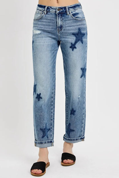 RISEN Full Size Mid Rise Boyfriend Star Shadow Detail Cuffed Jeans Plus Size West2East Surf