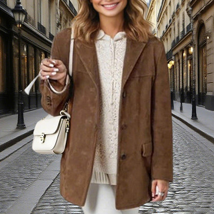 Suede-Look Blazer Jacket — V-Notch Lapel, Button-Front Casual Coat FitiqueFit