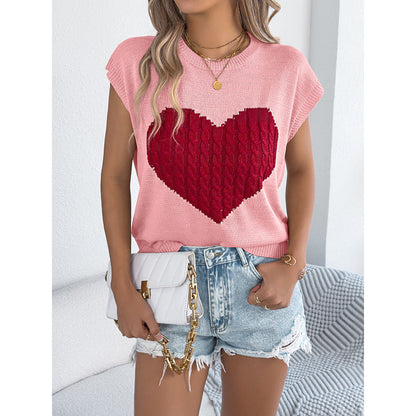 Women’s Heart Color Block Knit Top – Casual Sleeveless Valentine Tank FitiqueFit