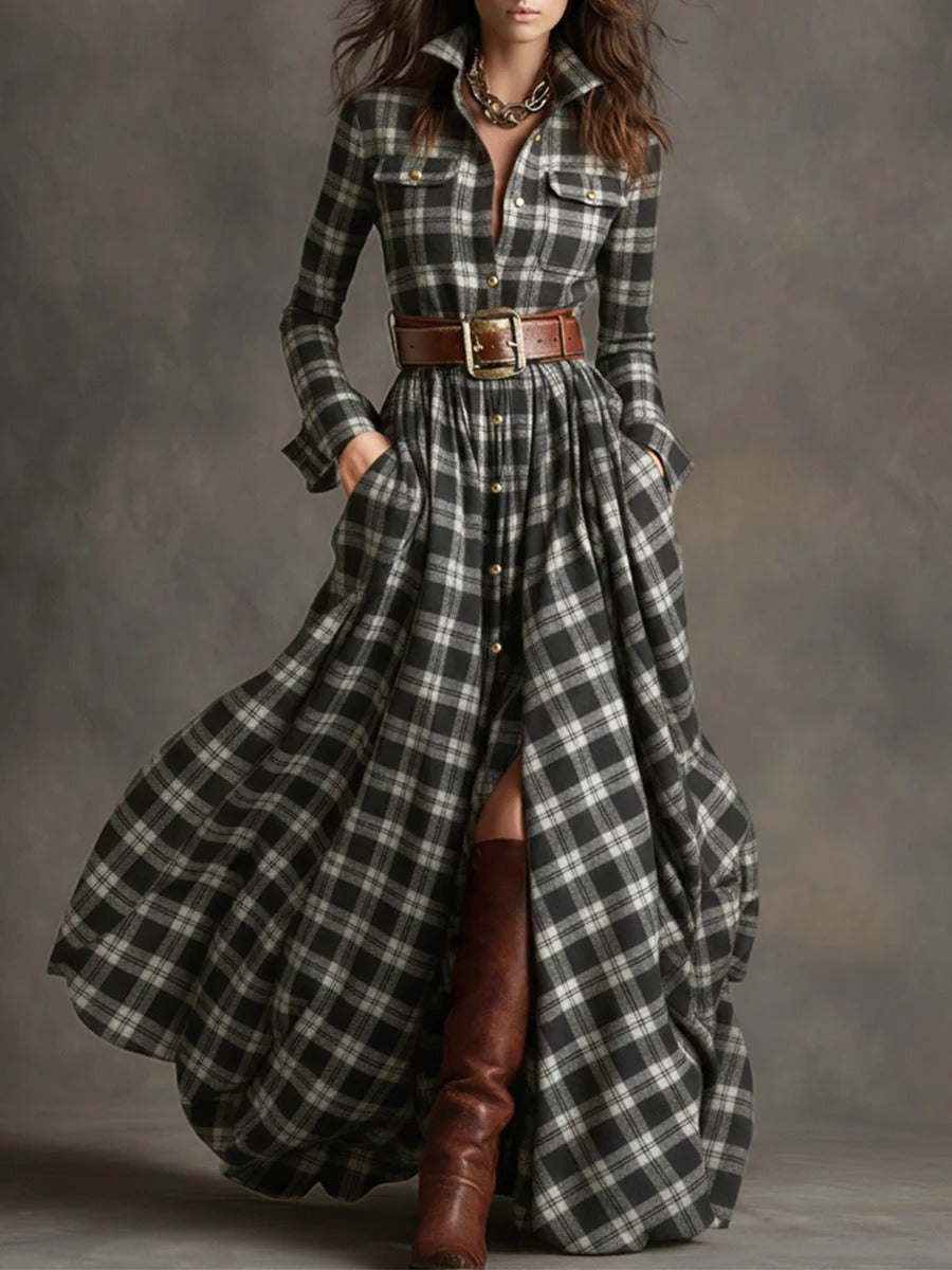 Women's Plus Size Plaid Print Long Sleeve Shirt Dress with Pockets FitiqueFit