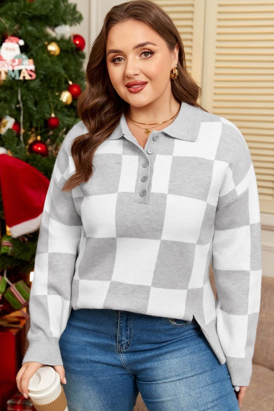 Plus Size Checker Buttoned Polo Collar Sweater Shop Style & More | Fresh Looks, Everyday Deals & Free Shipping