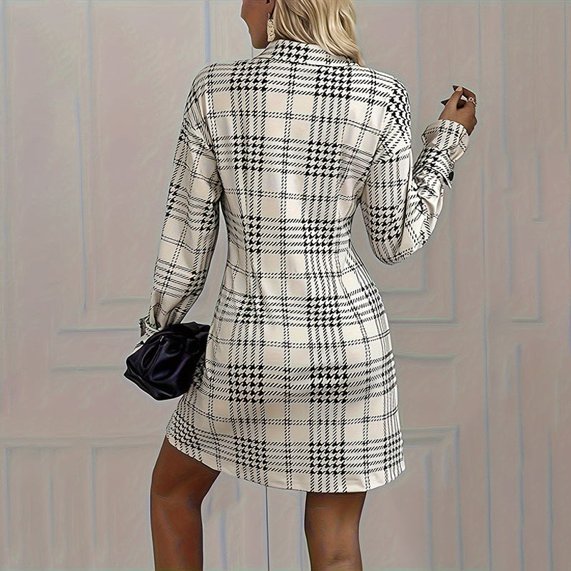 Elegant Plaid Shirt Dress — Ruched Waist A-Line Mini with Long Sleeves FitiqueFit