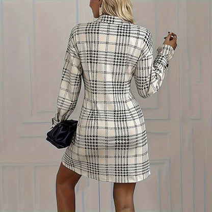 Elegant Plaid Shirt Dress — Ruched Waist A-Line Mini with Long Sleeves FitiqueFit