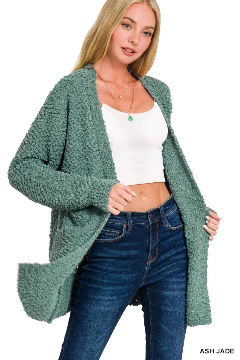 Zenana Long Sleeve Popcorn Sweater Cardigan with Pockets West2East Surf