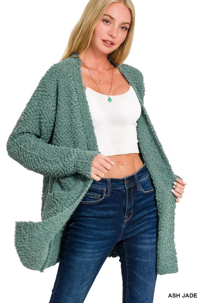 Zenana Long Sleeve Popcorn Sweater Cardigan with Pockets West2East Surf