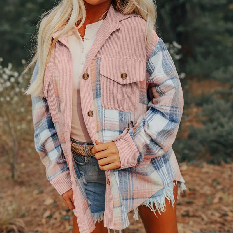 Women's Notch Lapel Check Print Long Sleeve Shirt FitiqueFit