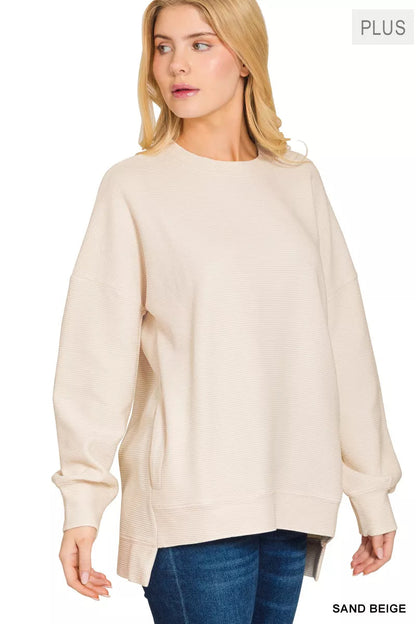 Zenana Full Size Acid Washed Double Ribbed Hi-low Sweatshirt Plus Size Garden Naked Curves