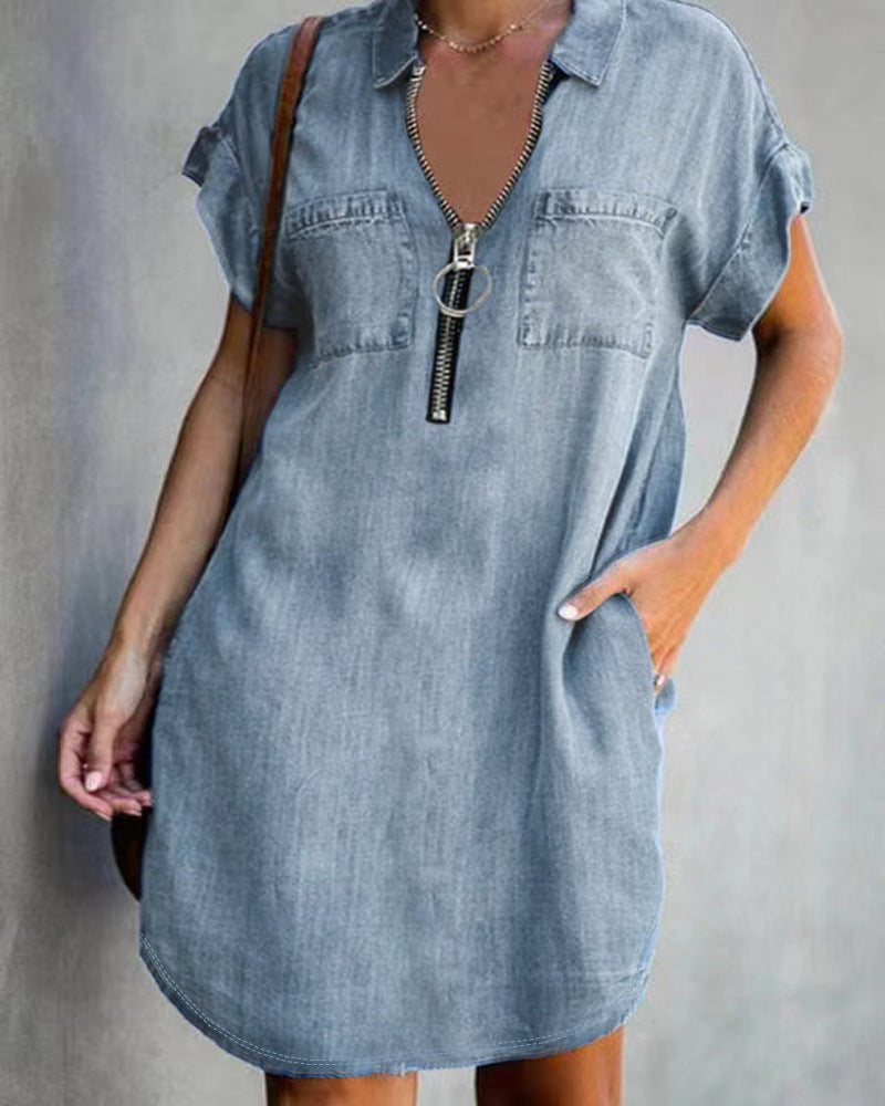 European And American Lapel Short Sleeve Loose Dress Denim Shirt Grayceful LLC