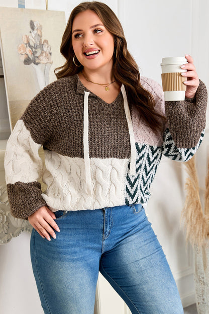 Brown Plus Size Color Block Patchwork Knotted Back Loose Fit Sweater Garden Naked Curves