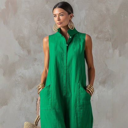 Linen Blend Sleeveless Stand-Collar Jumpsuit – 5 Colors S–3XL FitiqueFit