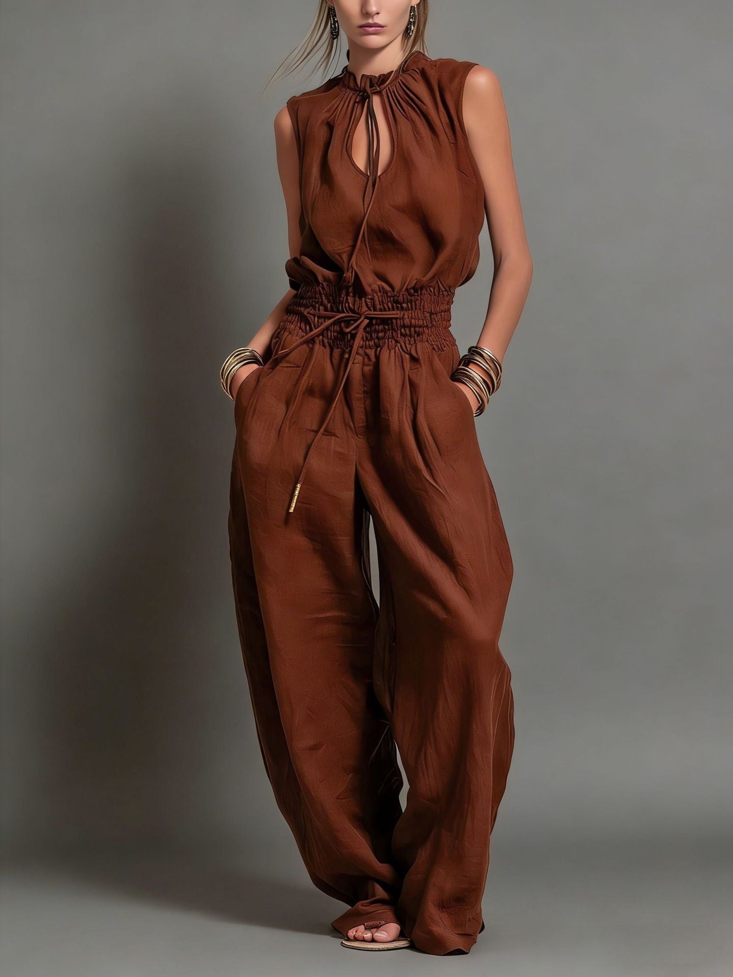 Women's Sleeveless High-Waist Wide-Leg Pleated Jumpsuit FitiqueFit