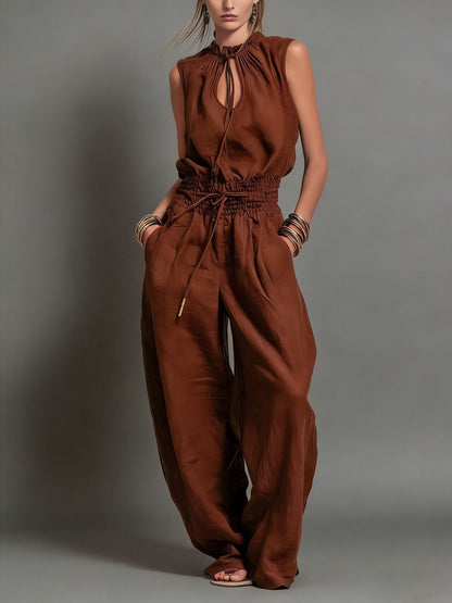 Women's Sleeveless High-Waist Wide-Leg Pleated Jumpsuit FitiqueFit