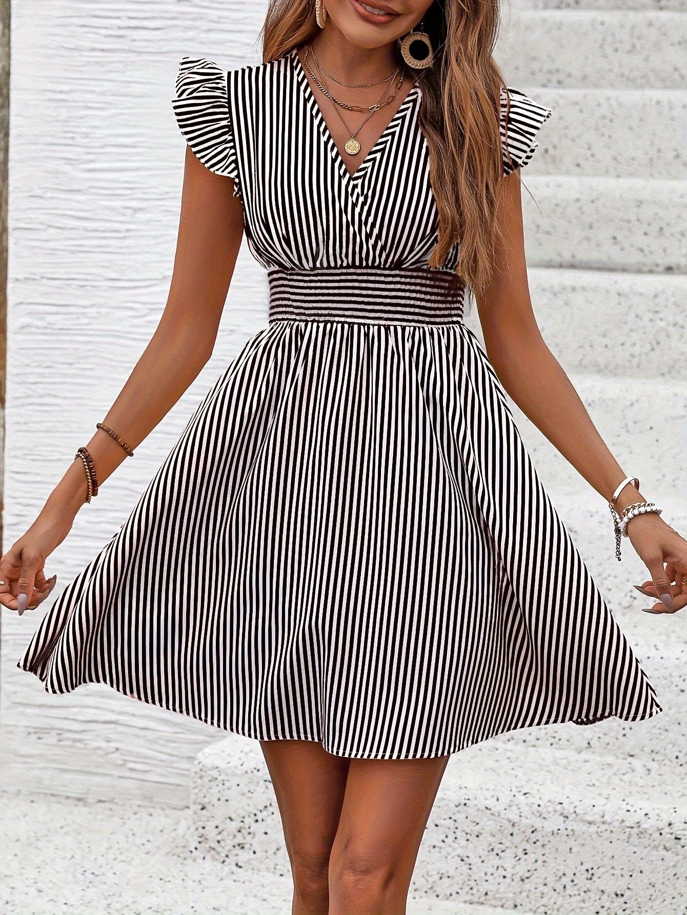Women's Mini Dress V Neck Flutter Sleeve Striped Summer Dress FitiqueFit