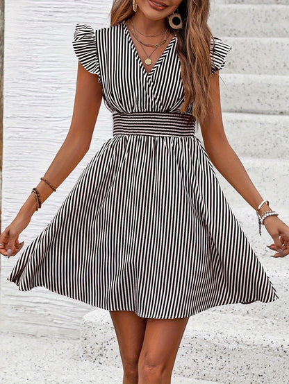 Women's Mini Dress V Neck Flutter Sleeve Striped Summer Dress FitiqueFit