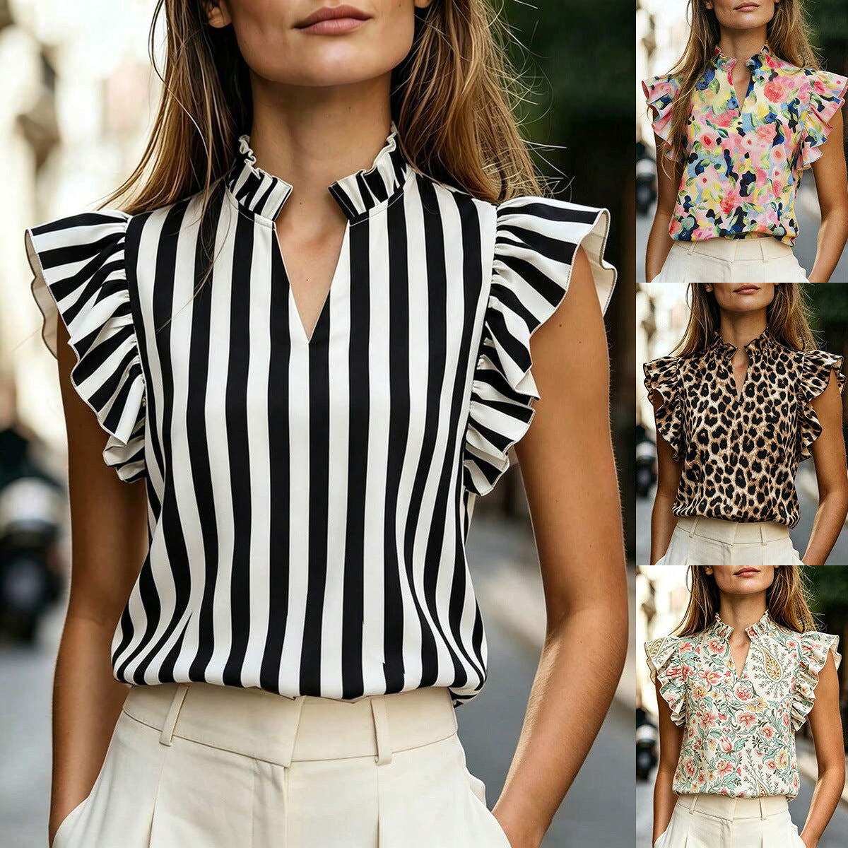 Women's Retro Ruffle-Trim Printed Sleeveless Top FitiqueFit