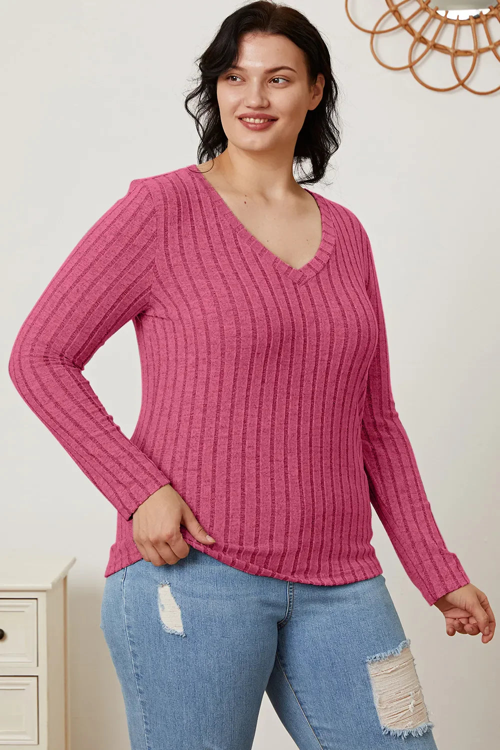 Basic Bae Full Size Ribbed V-Neck Long Sleeve T-Shirt New Era Fashion LLc