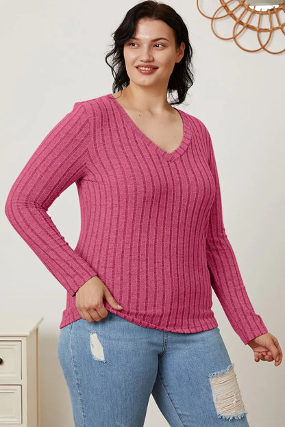 Basic Bae Full Size Ribbed V-Neck Long Sleeve T-Shirt New Era Fashion LLc