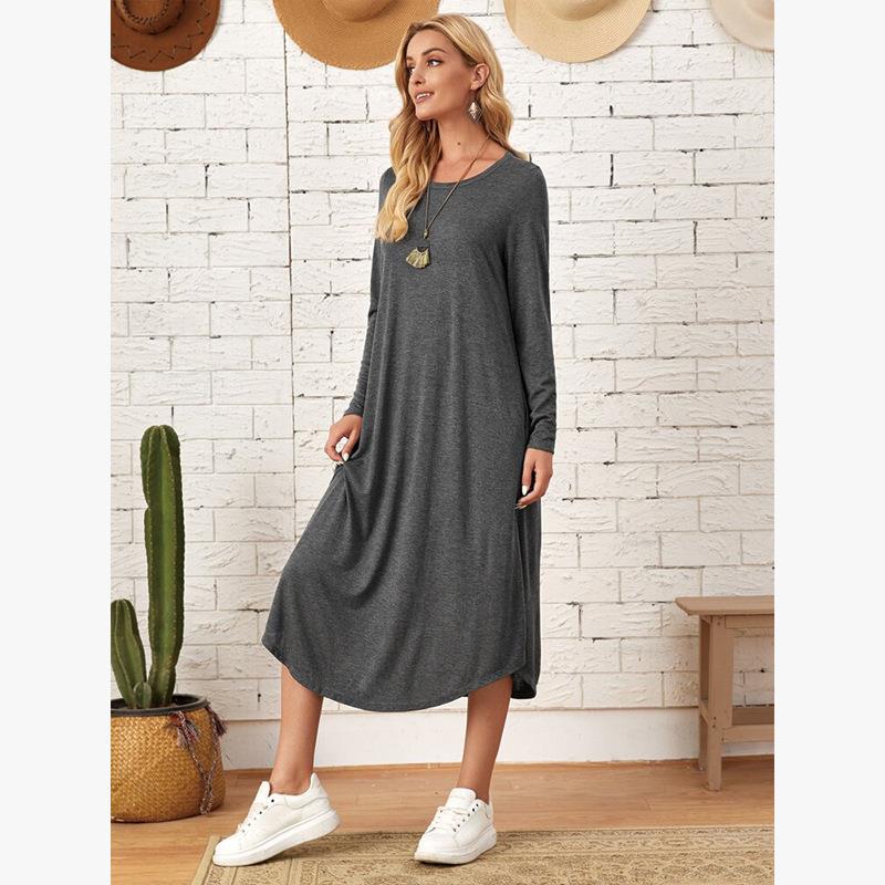 Women's Cotton Maxi Dress – Solid Color Long Sleeve A-Line with Pockets FitiqueFit