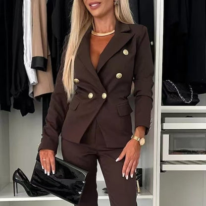 Double-Breasted Lapel Blazer & Zip-Up Trousers Suit FitiqueFit