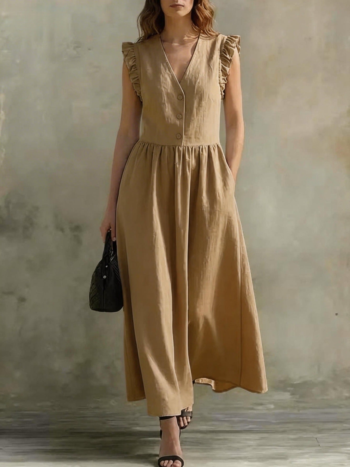 V-Neck Puff-Sleeve Dress with Pockets – Cotton Linen, 7 Colors FitiqueFit