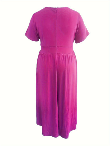 Plus Size Solid Short Sleeve Maxi Dress, Women's Plus Medium Stretch Elegant Long Dress NovaCart