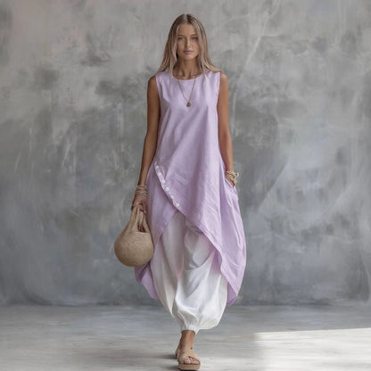Solid-Color Sleeveless Loose-Fit Dress With Patch Pockets FitiqueFit