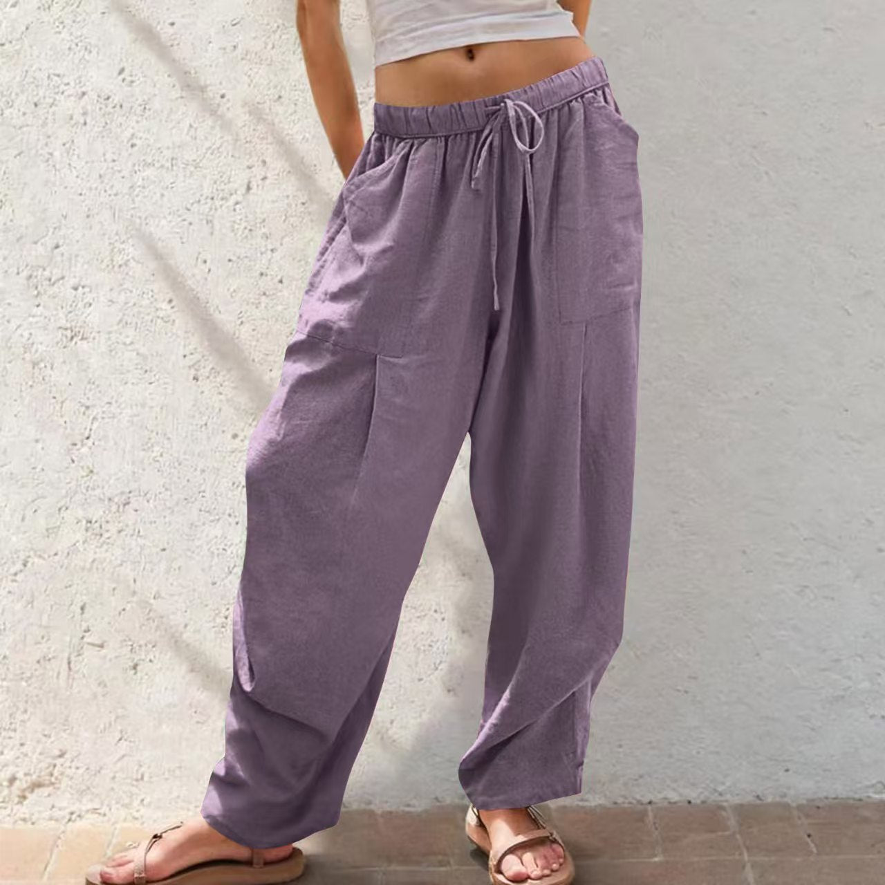 Womens Solid-Color Cotton-Linen Casual Loose Straight Pockets Lounge Pants With Drawstring See size chart under “more details” The Fashion Celestial