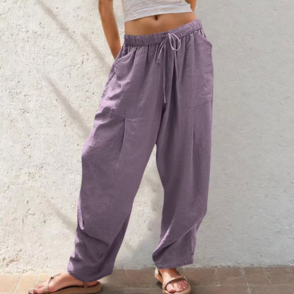 Womens Solid-Color Cotton-Linen Casual Loose Straight Pockets Lounge Pants With Drawstring See size chart under “more details” The Fashion Celestial