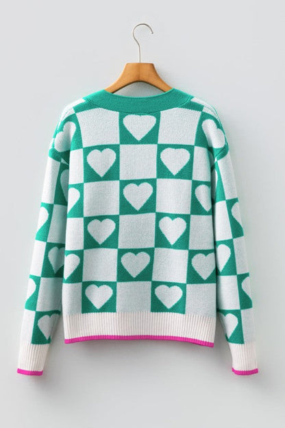 Valentines Heart Checker Buttoned V-Neck Cardigan Shop Style & More | Fresh Looks, Everyday Deals & Free Shipping