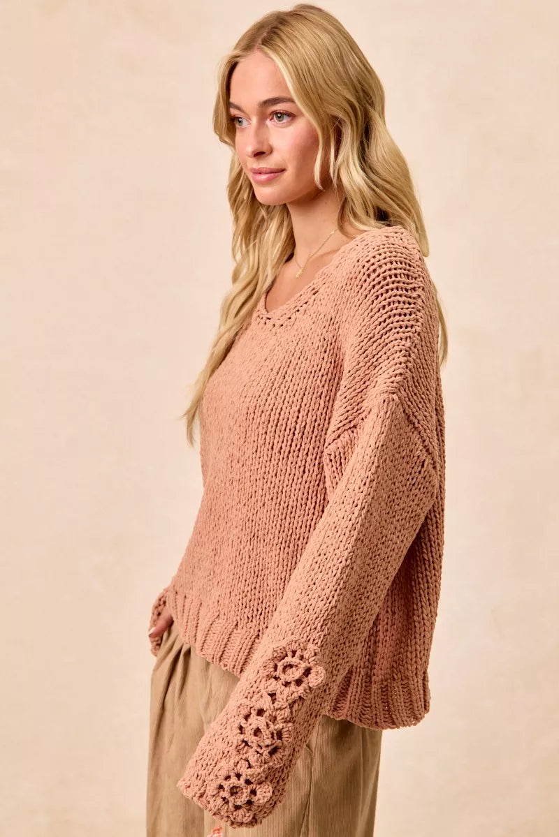BiBi Chunky Knit Sweater with Flower Detail Sleeves FitiqueFit