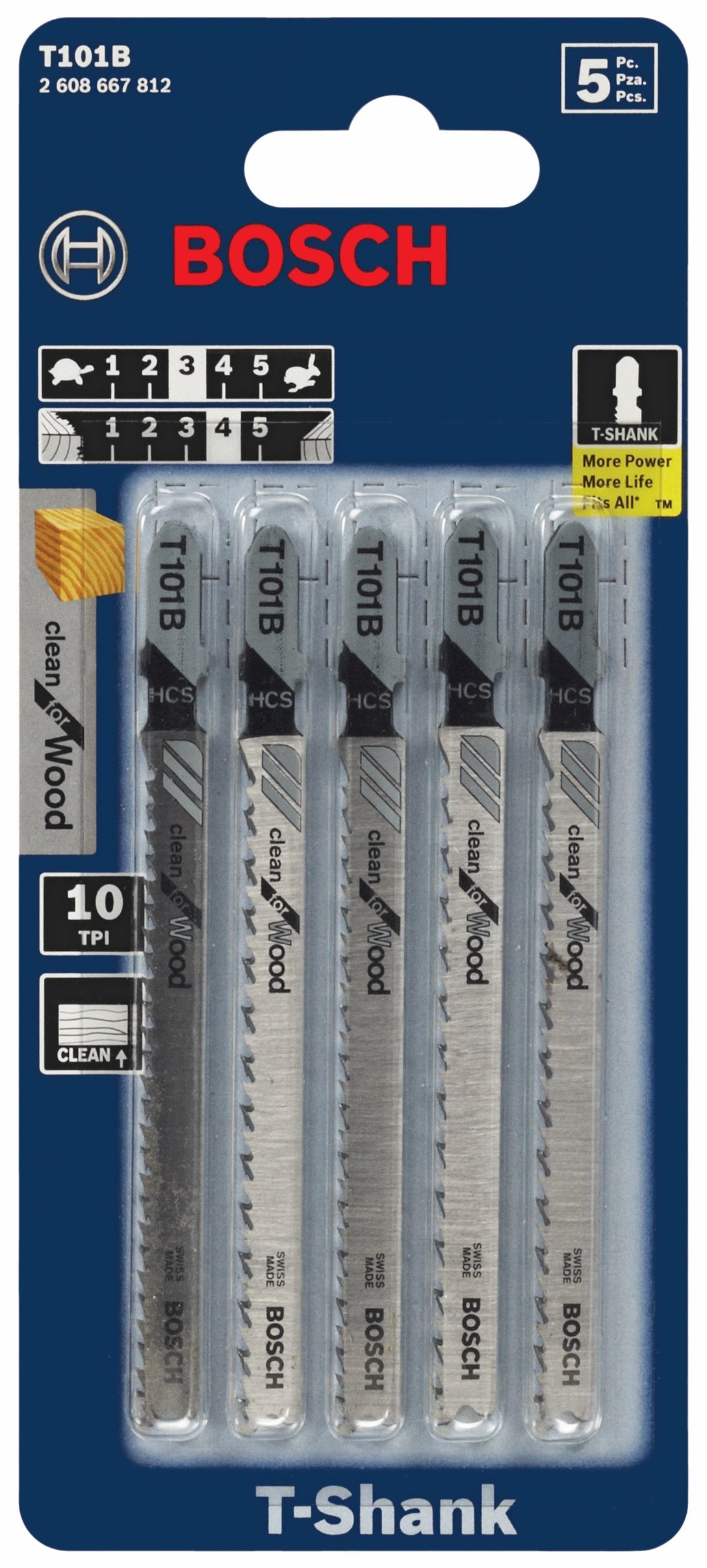 BOSCH T101B 5 pc. 4 In. 10 TPI Variable Pitch Clean for Wood T-Shank Jig Saw Blades VM Hardware