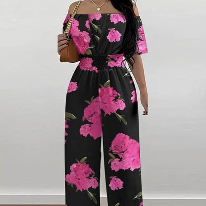 Ladies' One Shoulder Floral Print Waist Cinching Off Shoulder Sexy Fashion Jumpsuit Grayceful LLC