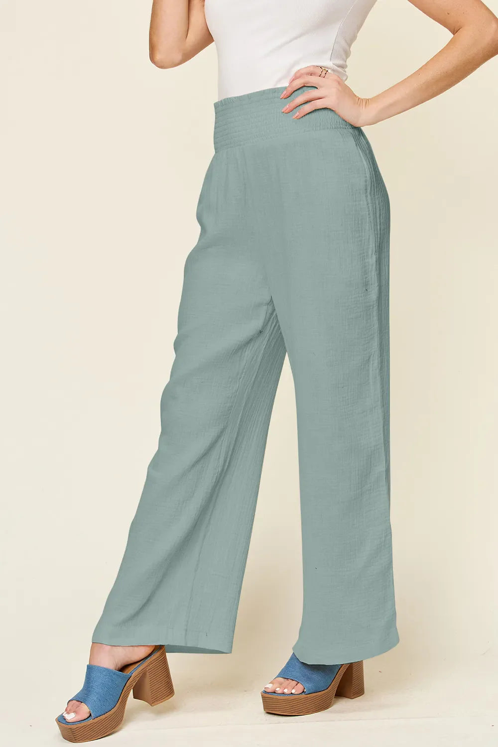 Double Take Full Size Texture Smocked Waist Wide Leg Pants New Era Fashion LLc