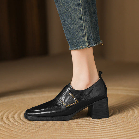 Women's British Style Square Toe Chunky Heel Pumps – Deep Vamp Studded FitiqueFit