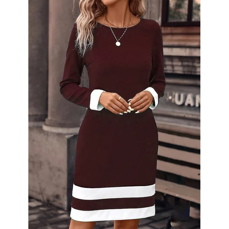 Fitted Color-Block Long-Sleeve Dress with Round Neckline FitiqueFit