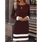 Fitted Color-Block Long-Sleeve Dress with Round Neckline FitiqueFit