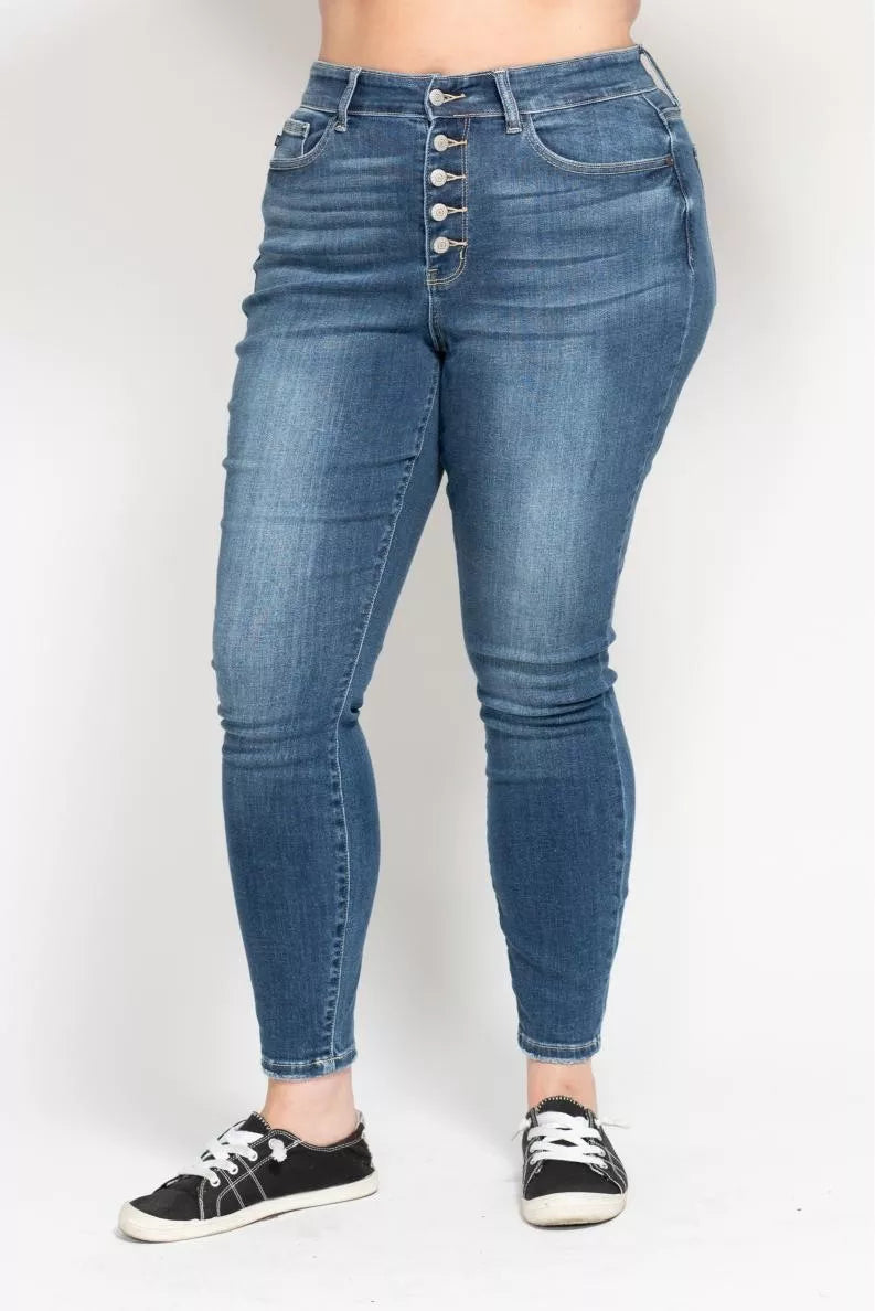 Judy Blue Full Size High Rise Button Fly Skinny Jeans Plus Size Garden Naked Curves